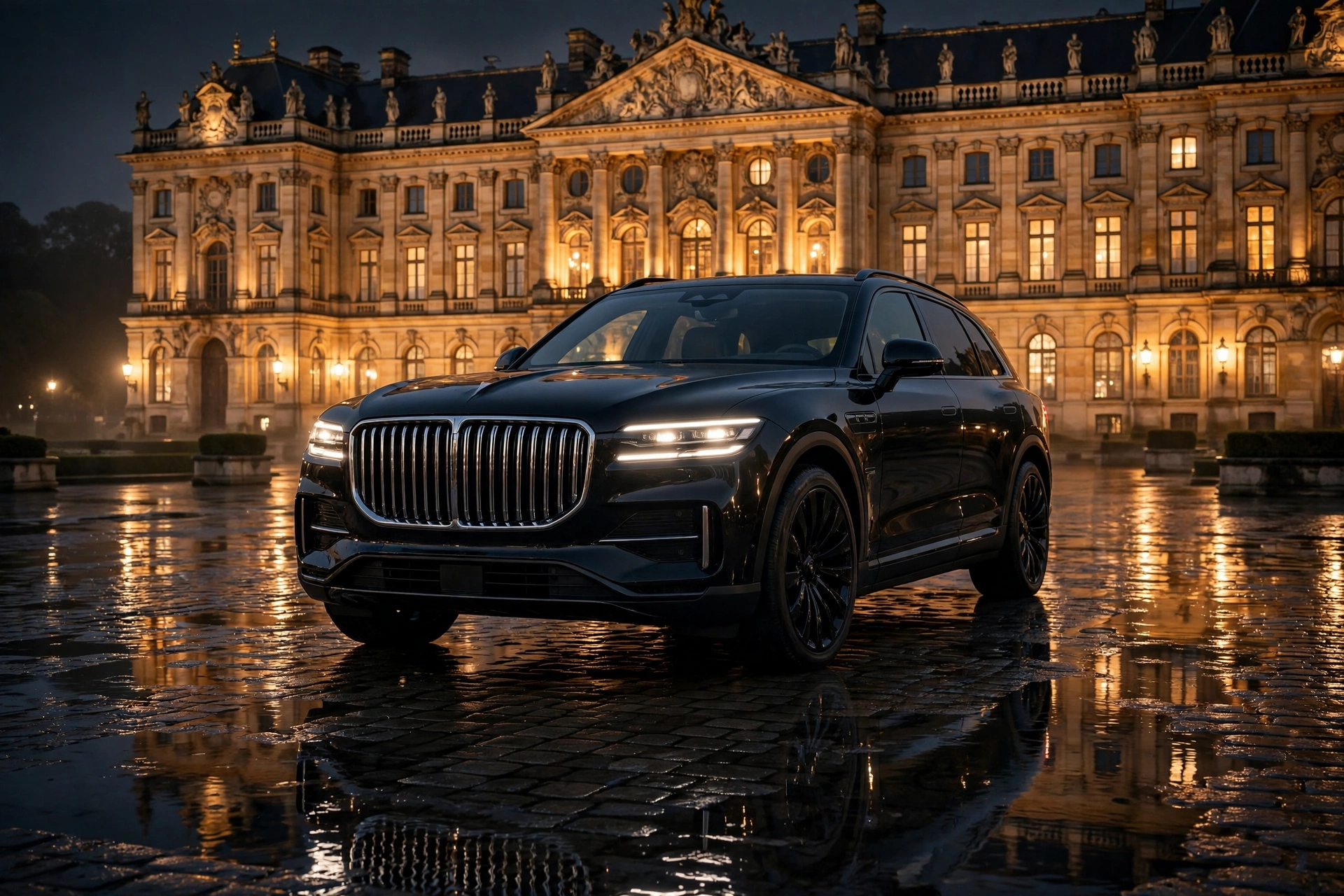 SUV eléctrico negro de gran lujo con parrilla cromada imponente aparcado de noche frente a un palacio europeo