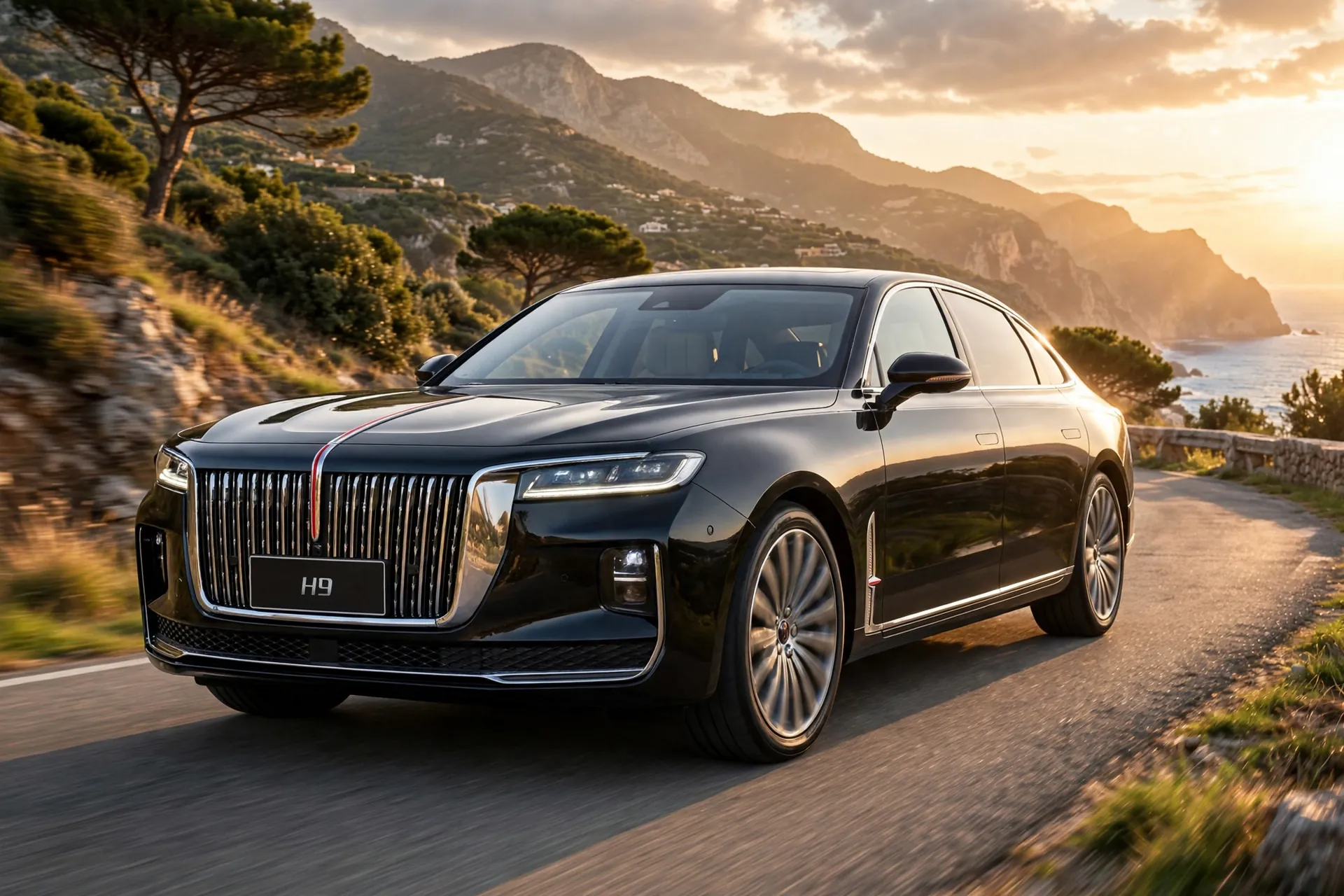 Hongqi H9 en carretera al atardecer