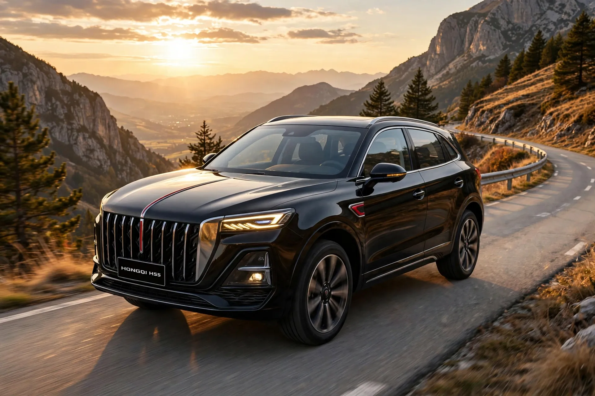 Hongqi HS5 en carretera de montaña al atardecer