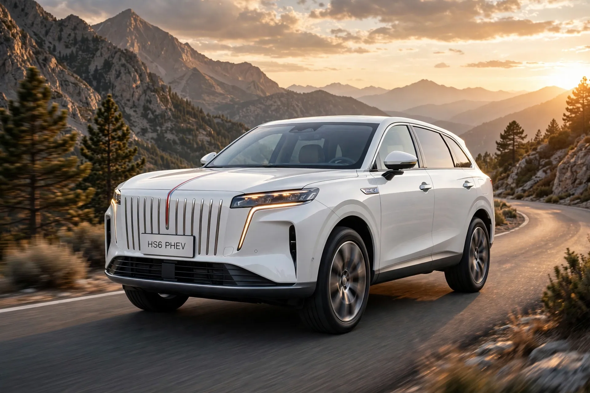 Hongqi HS6 PHEV en carretera de montaña al atardecer