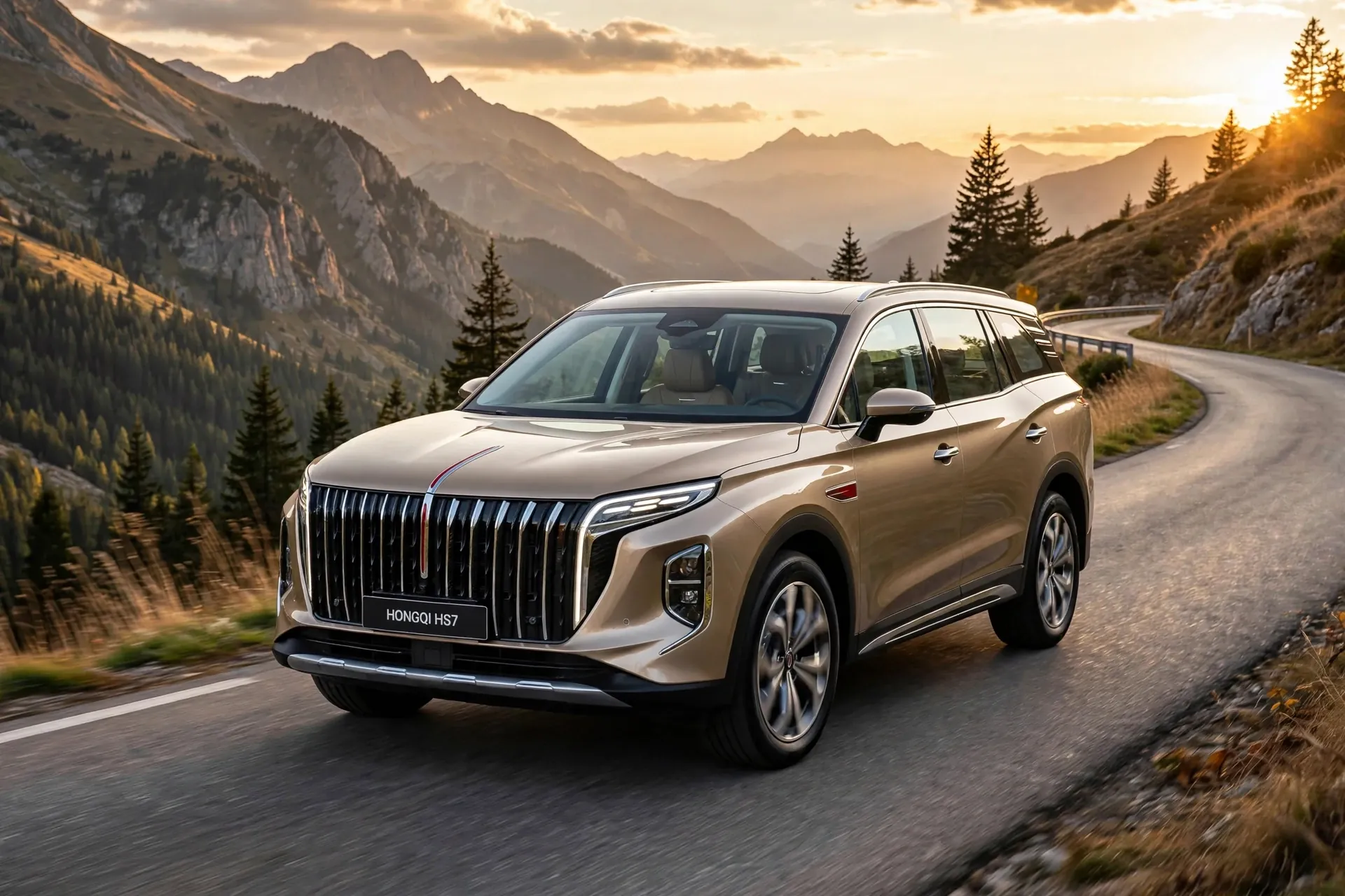 Hongqi HS7 en carretera de montaña al atardecer