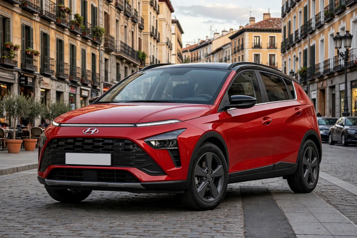 Hyundai Bayon 2025 en naranja, tres cuartos delantero en ciudad