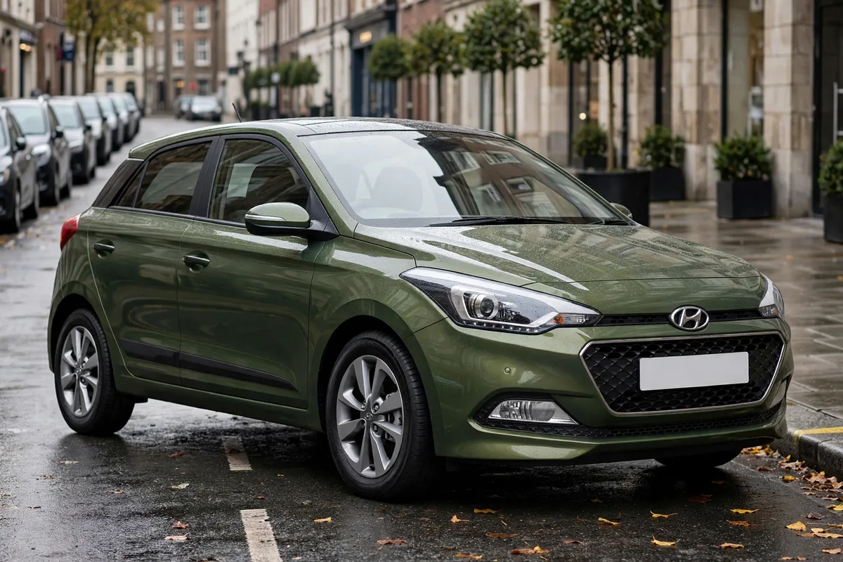 Hyundai i20 en verde circulando por una calle de ciudad