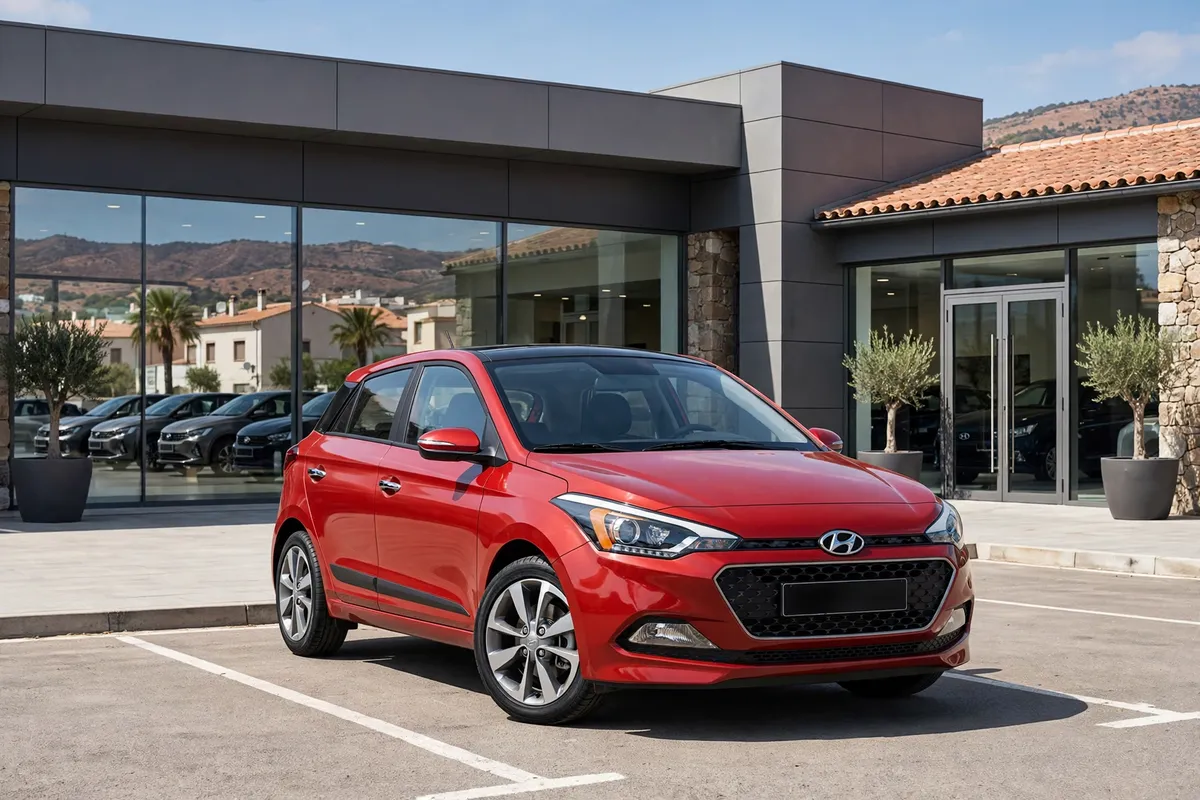 Hyundai i20 rojo aparcado frente a un concesionario en España