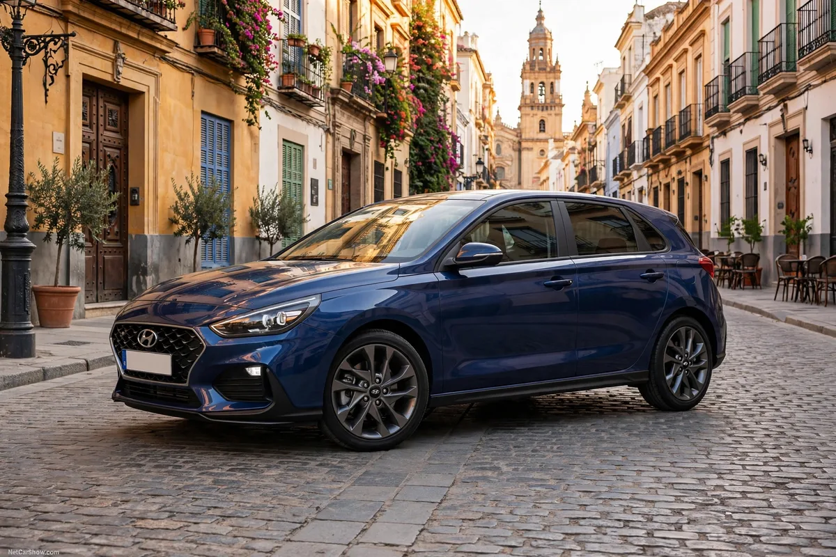 Hyundai i30 2025 en gris, tres cuartos delantero en carretera