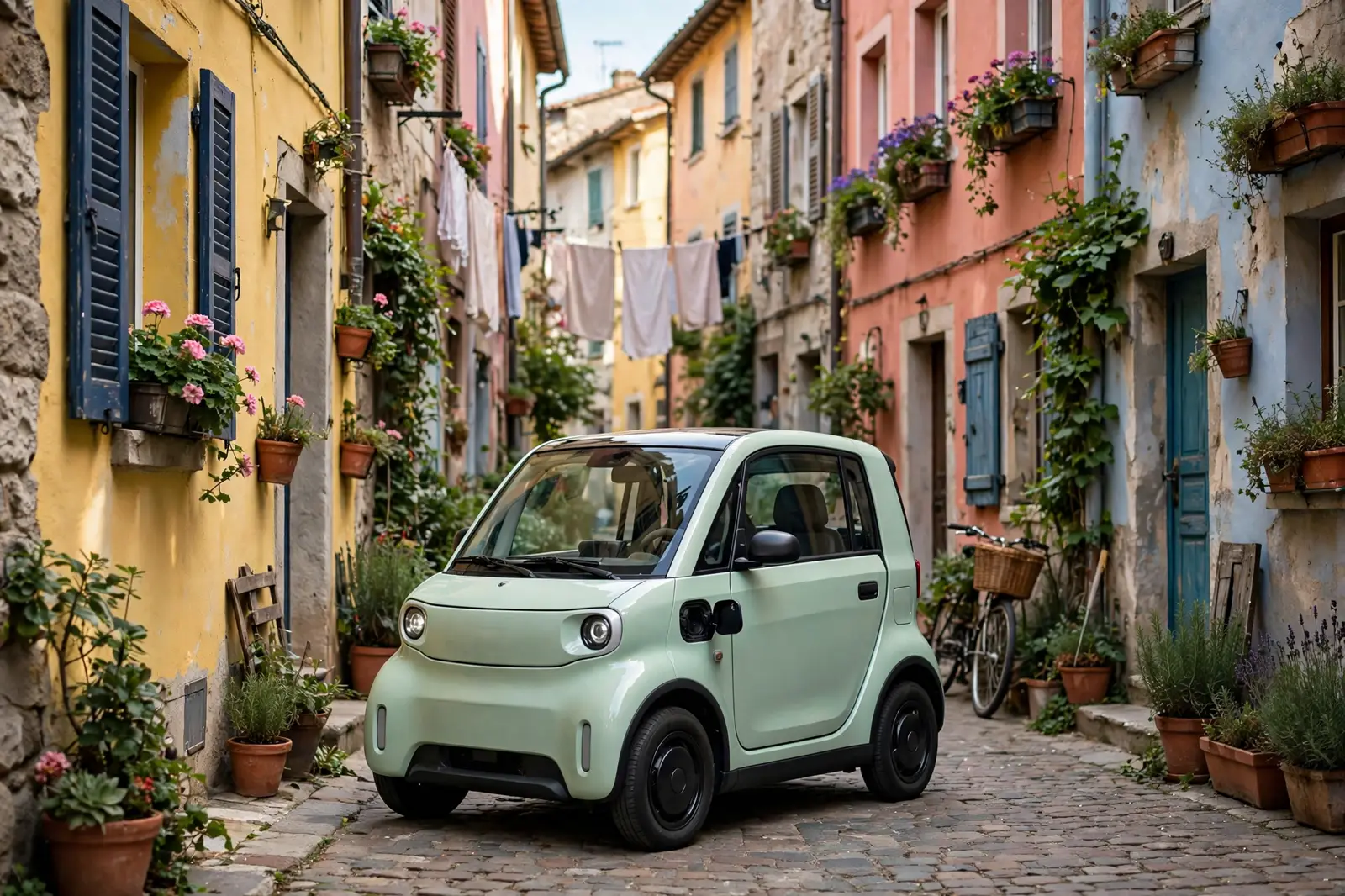 Pequeño coche eléctrico urbano verde menta aparcado en un callejón de casco histórico europeo con casas de colores