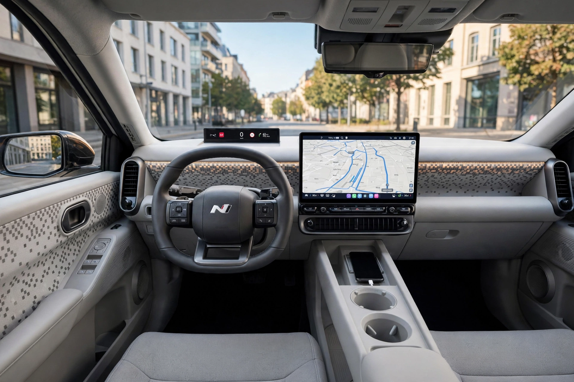 Interior del Hyundai Ioniq 3 con pantalla táctil central, imagen editorial