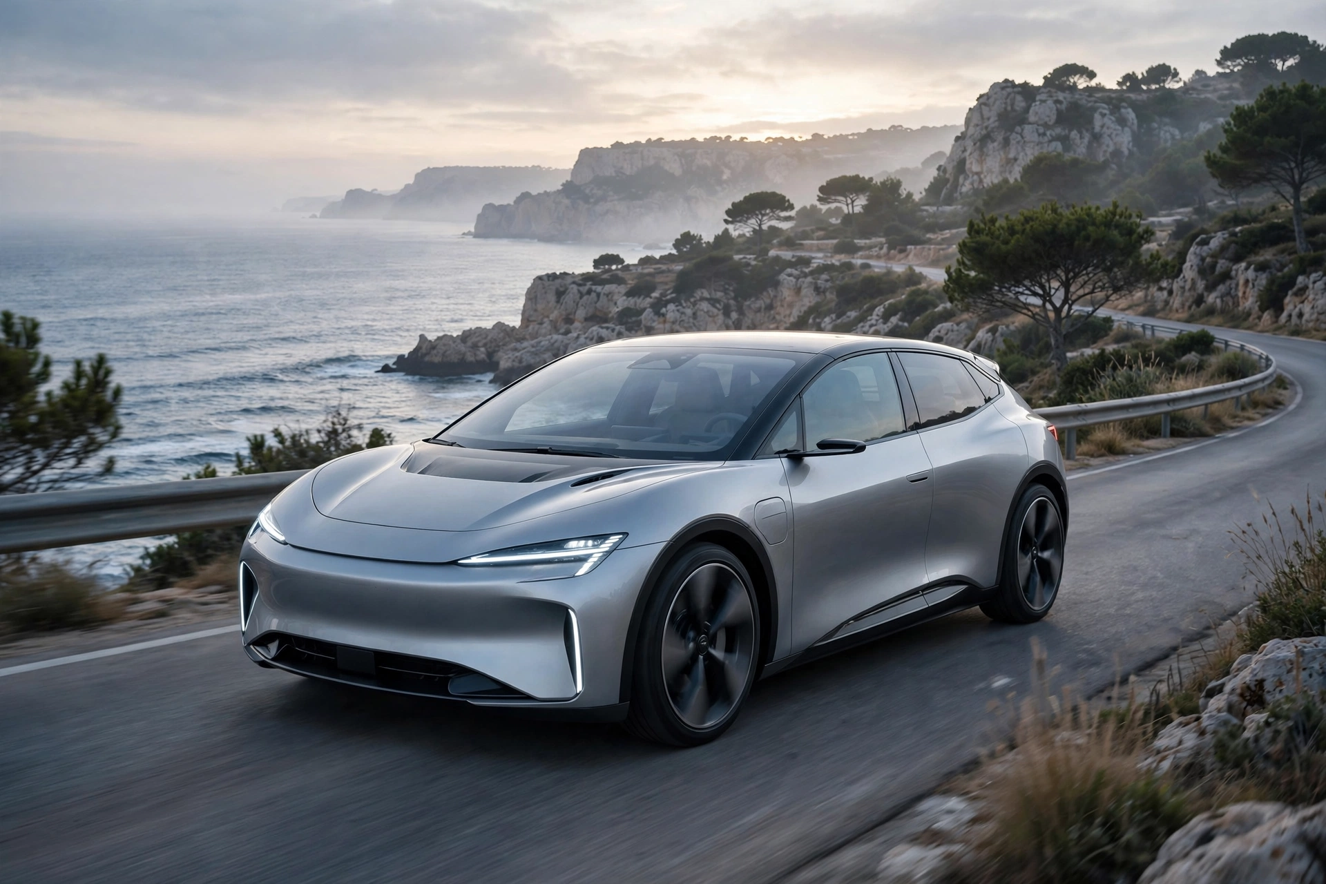 Hatchback compacto eléctrico plateado de diseño futurista circulando por una carretera costera española al amanecer