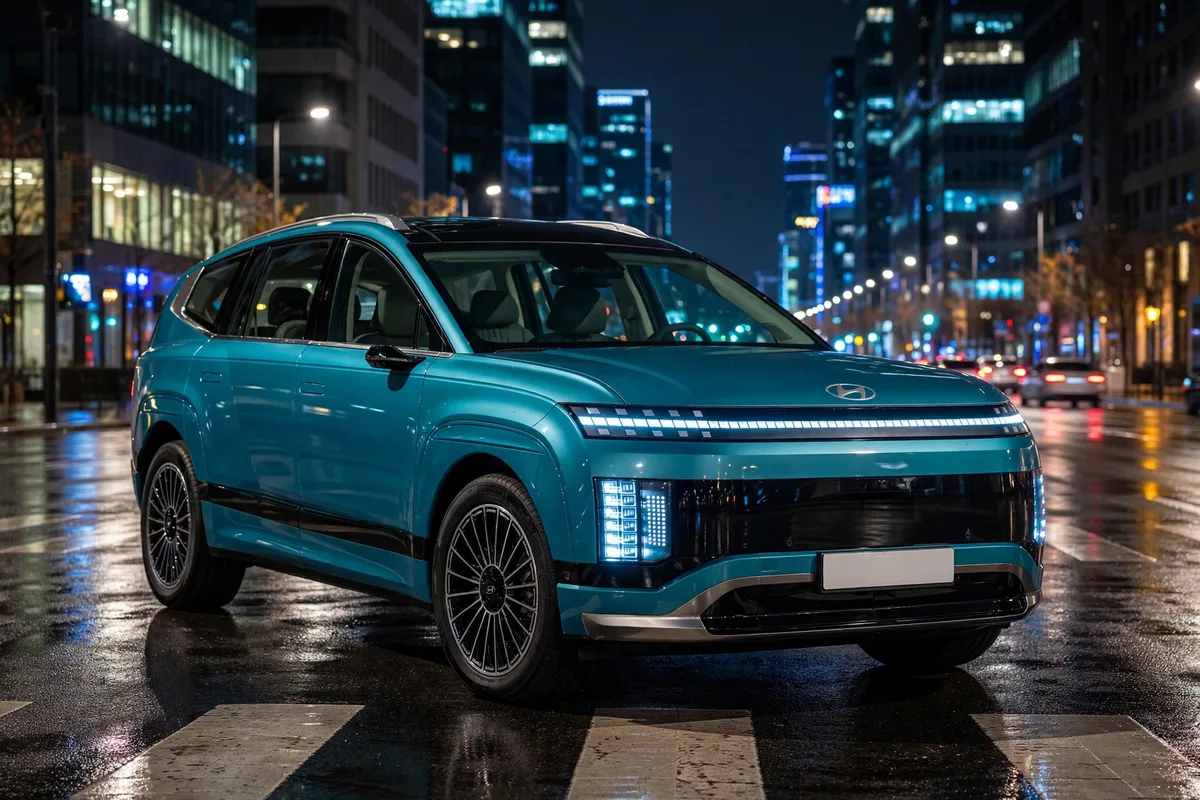 Hyundai Ioniq 9 en color teal circulando de noche por una ciudad moderna