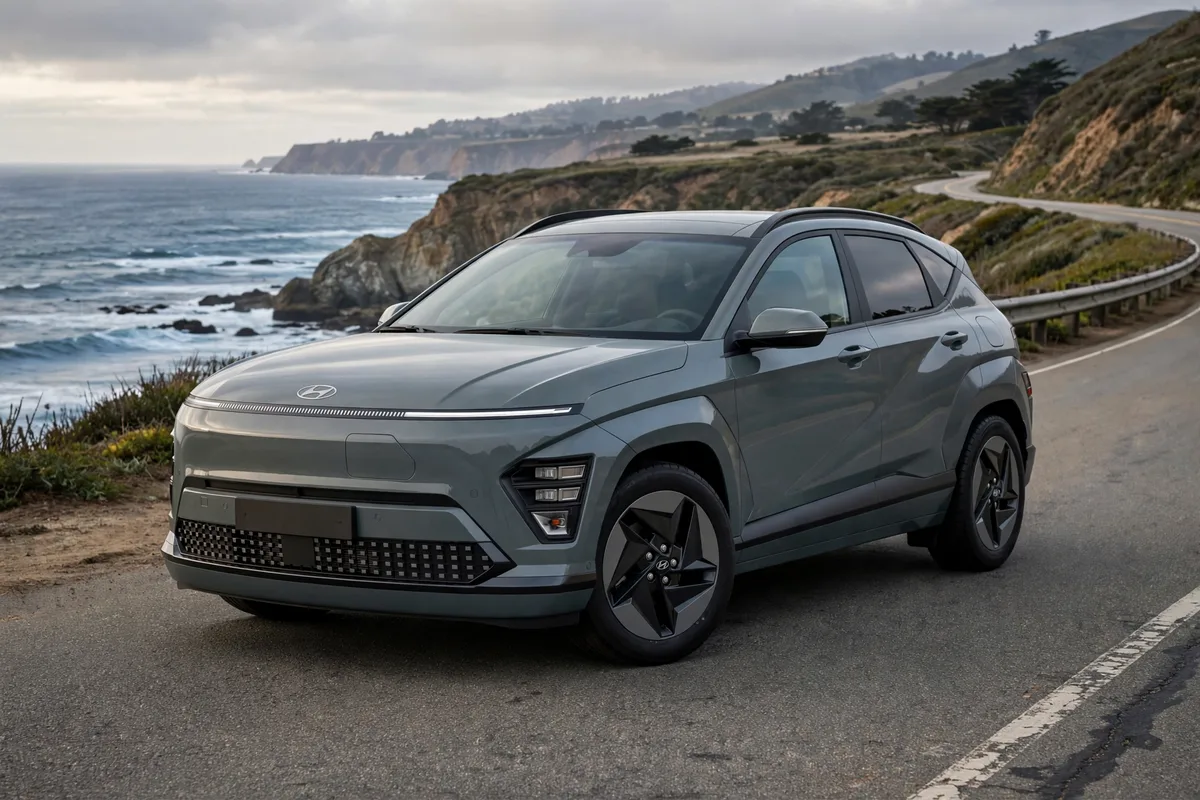 Hyundai Kona 1.6 TGDi en gris circulando por una autopista de costa