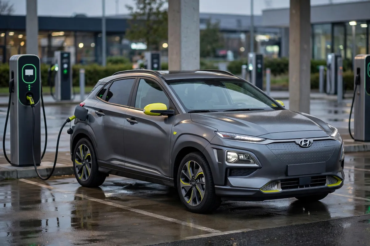 Hyundai Kona Eléctrico en gris con detalles amarillos cargando en una estación eléctrica