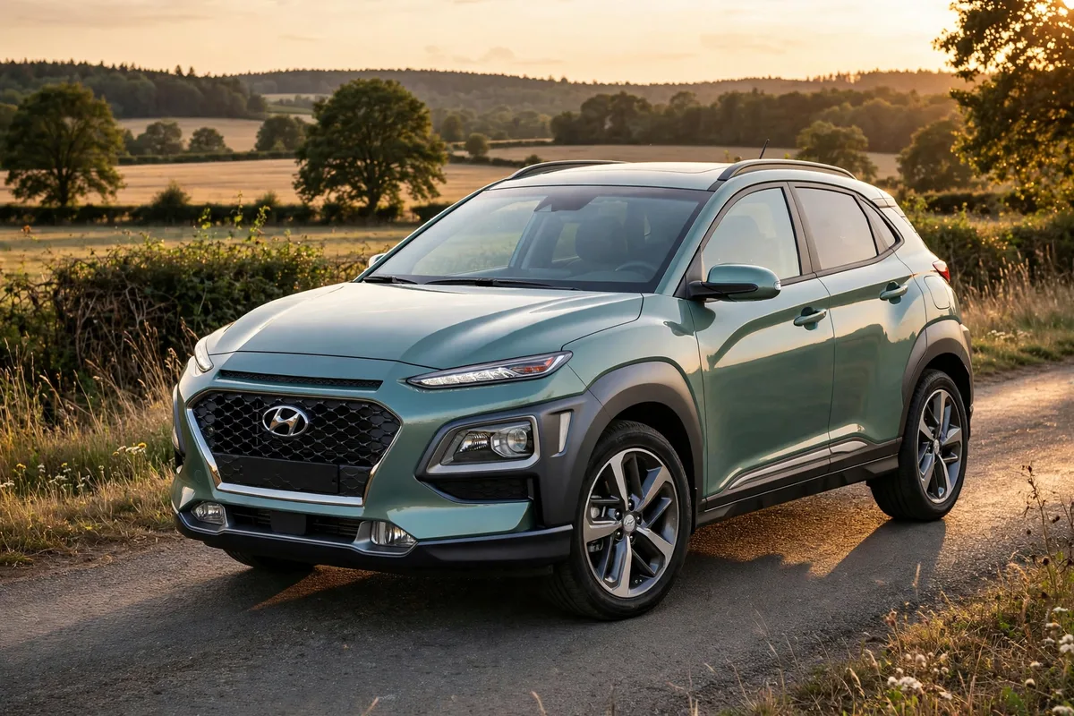 Hyundai Kona gasolina en verde circulando por una carretera rural a la hora dorada