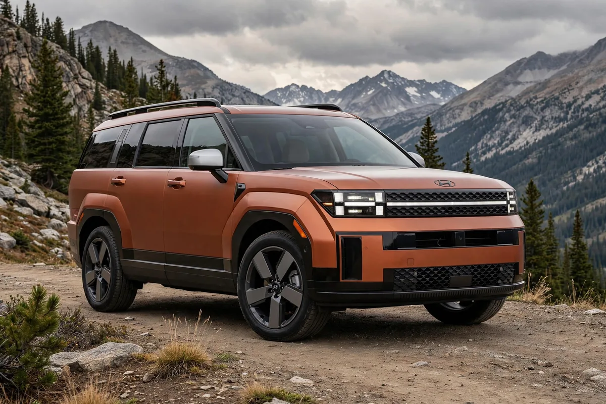 Hyundai Santa Fe híbrido enchufable en naranja terracota en un paisaje de montaña