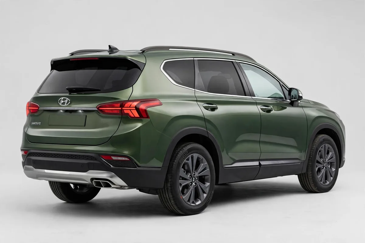 Hyundai Santa Fe en verde ciprés, vista trasera en estudio