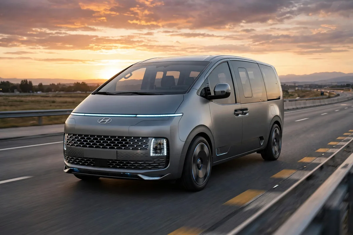 Hyundai Staria Híbrido en carretera al atardecer