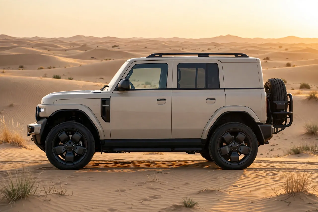 SUV eléctrico de estilo retro con faros redondos sobre dunas al atardecer