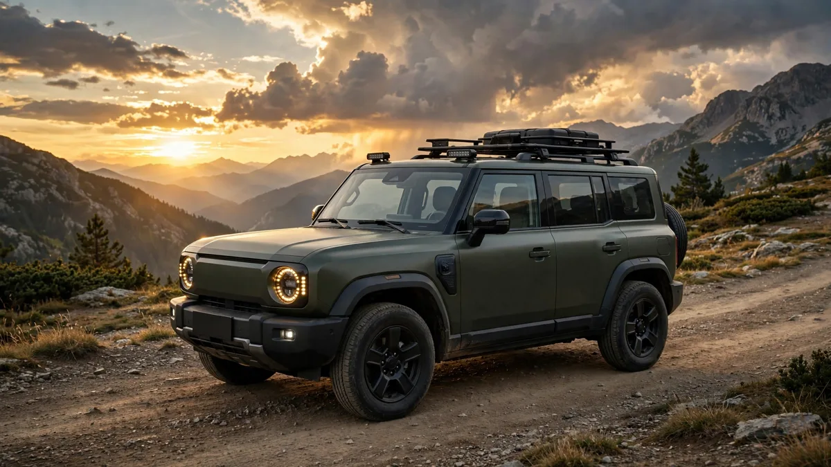 SUV eléctrico chino de estilo retro y robusto con faros redondos circulando por una pista de montaña