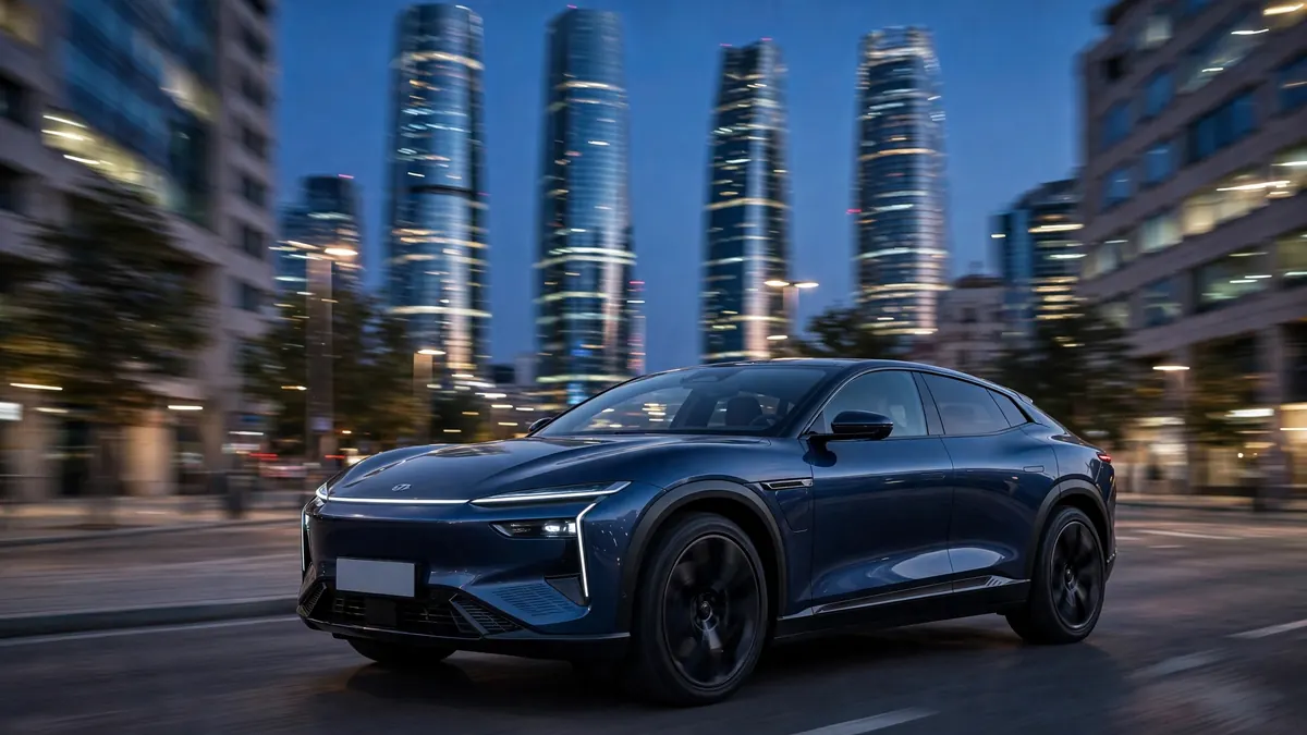 SUV coupé eléctrico chino azul oscuro circulando por el distrito financiero de Madrid al anochecer