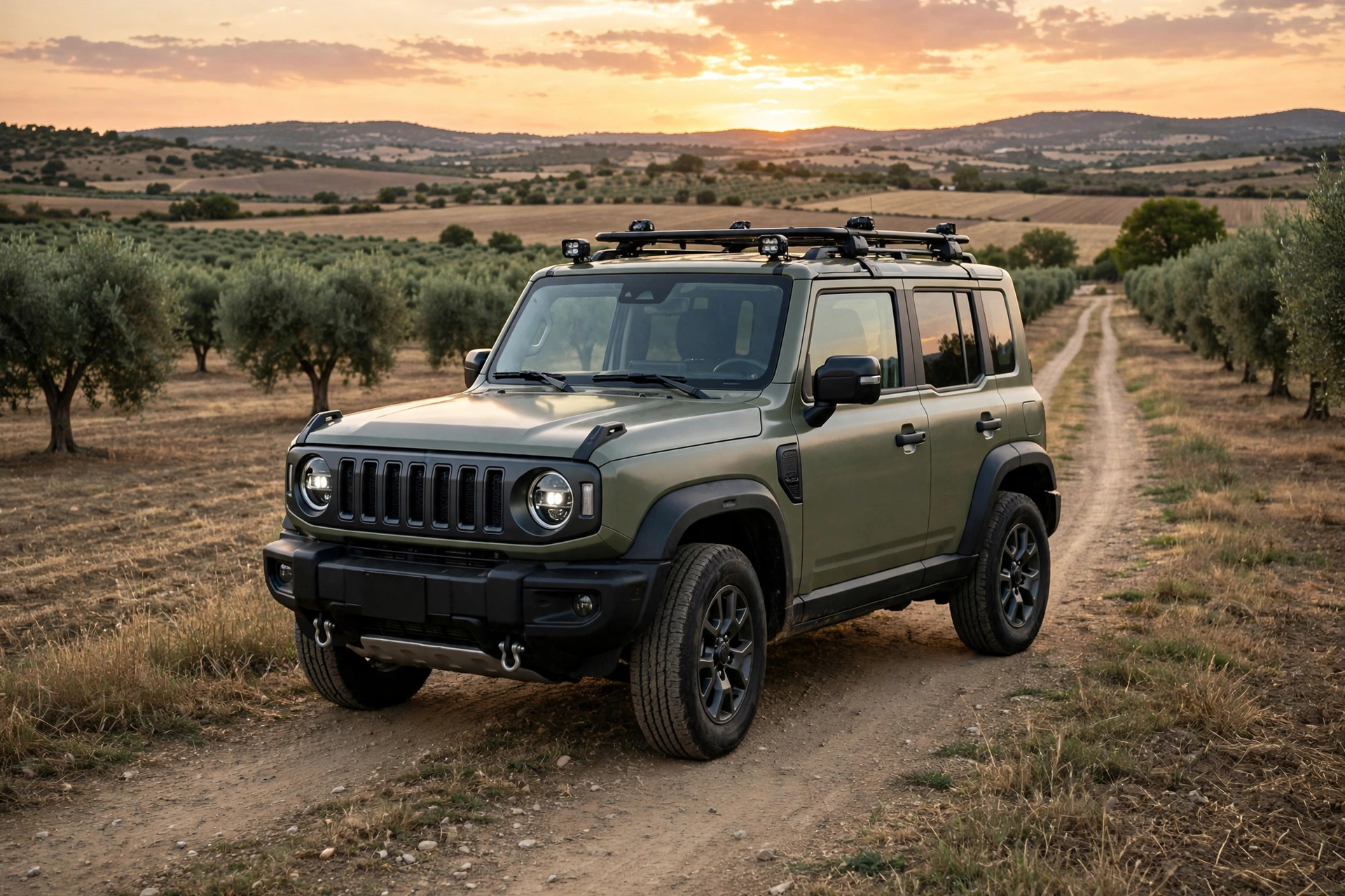 SUV compacto robusto verde oliva de diseño todoterreno aparcado en un camino rural español al atardecer