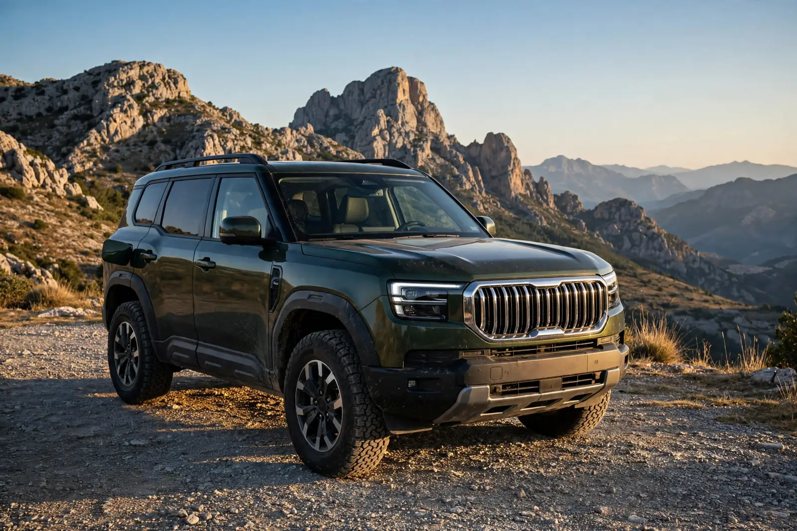 SUV híbrido enchufable robusto verde oscuro aparcado en un mirador de montaña con picos rocosos al fondo