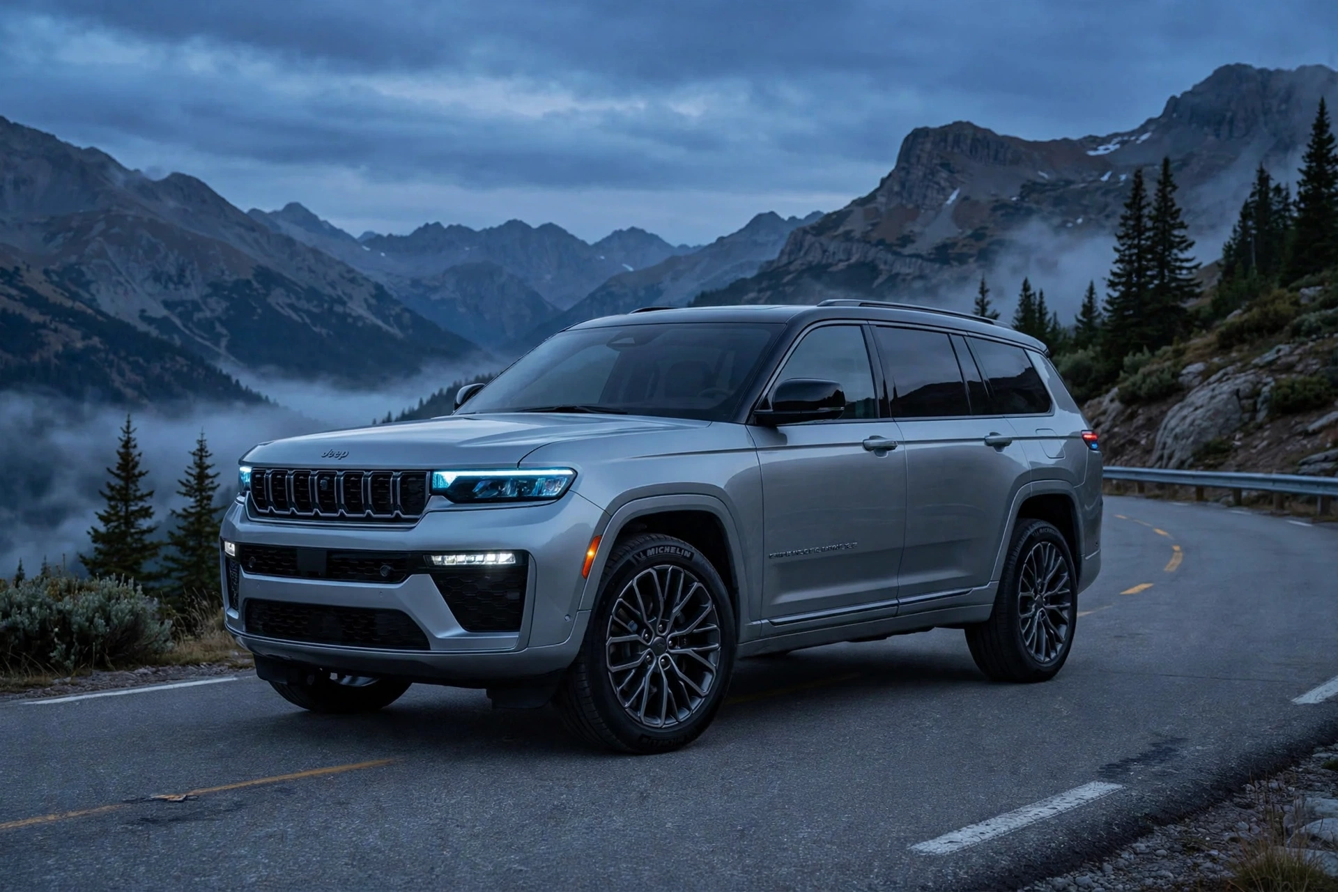 Jeep Grand Cherokee 4xe negro circulando por una carretera de montaña con curvas