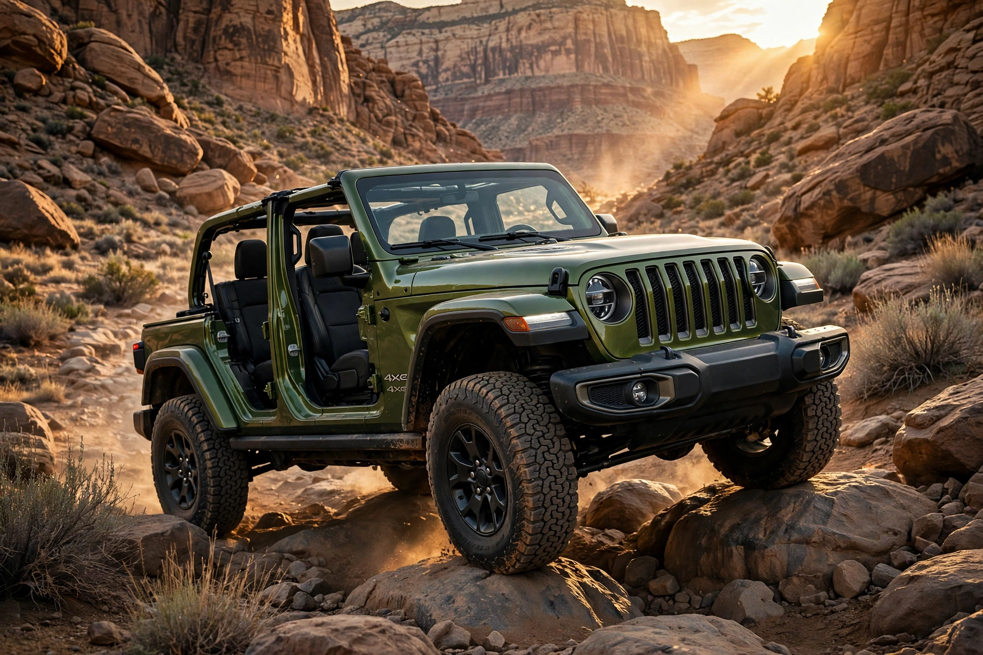 Jeep Wrangler 4xe naranja cruzando las dunas del desierto con el techo quitado