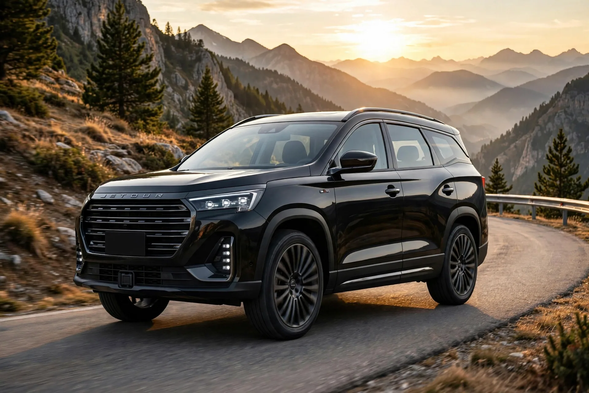 Jetour X90 Plus, tres cuartos delantero en carretera de montaña