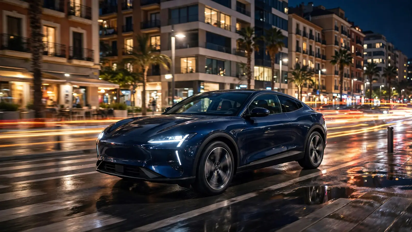 SUV coupé híbrido azul medianoche circulando de noche por una avenida moderna con estelas de luz