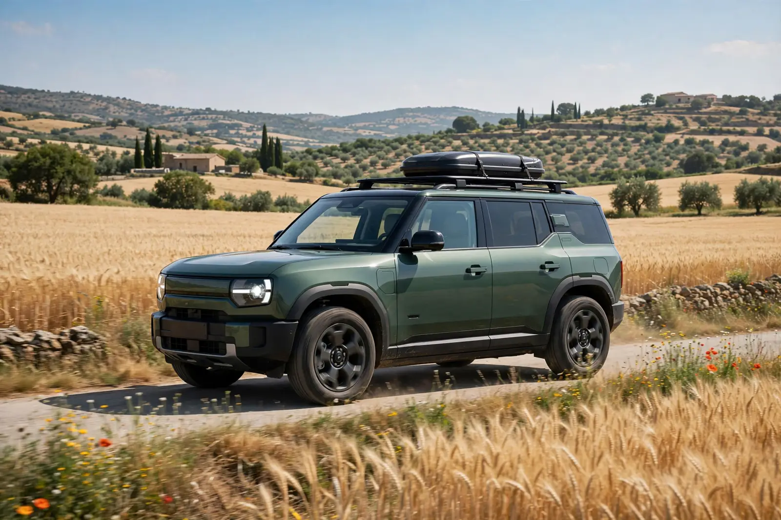 SUV eléctrico de líneas robustas color verde bosque circulando por una carretera rural española entre campos de trigo