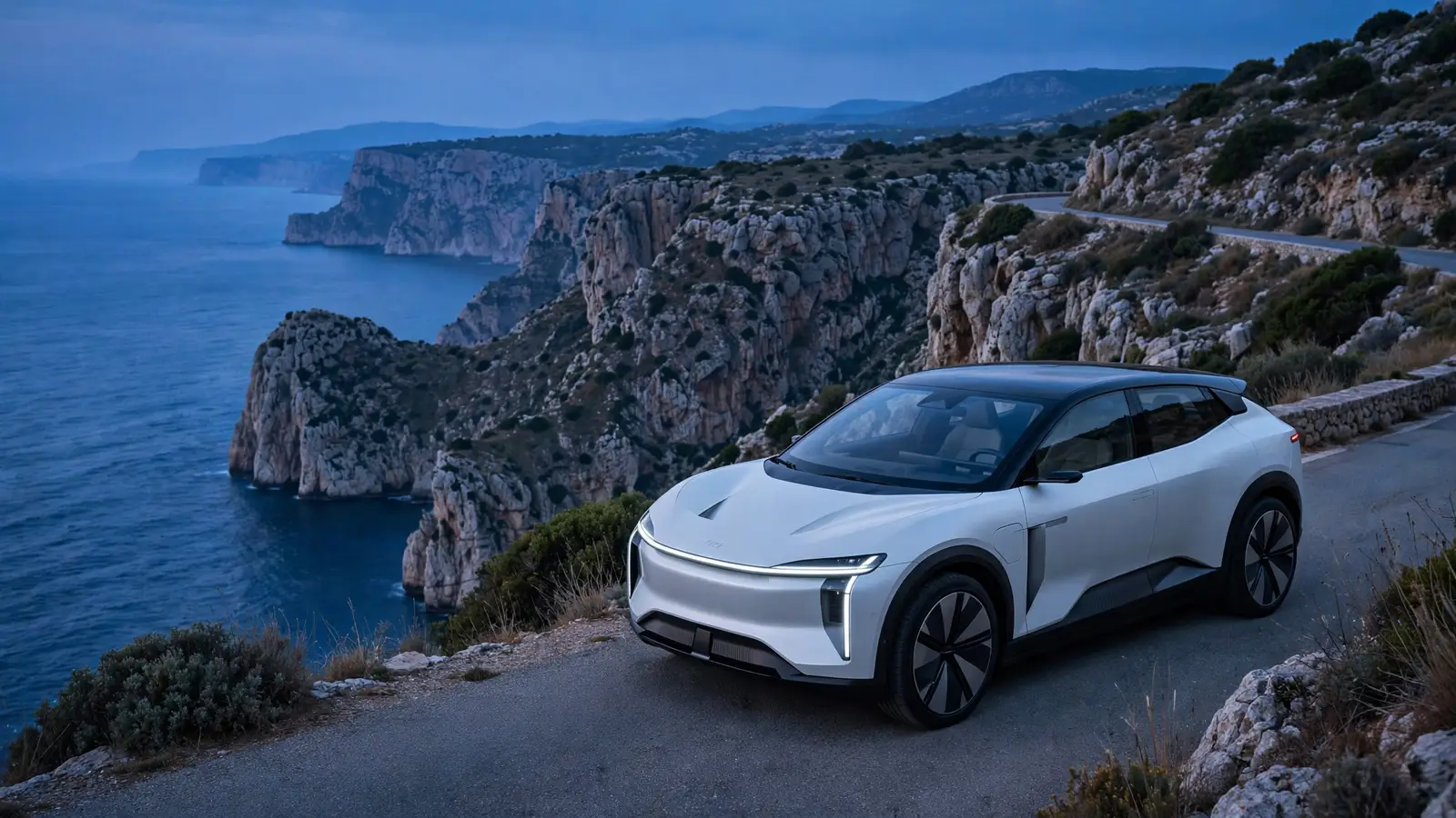 SUV eléctrico compacto futurista blanco circulando por una carretera costera española al atardecer con acantilados