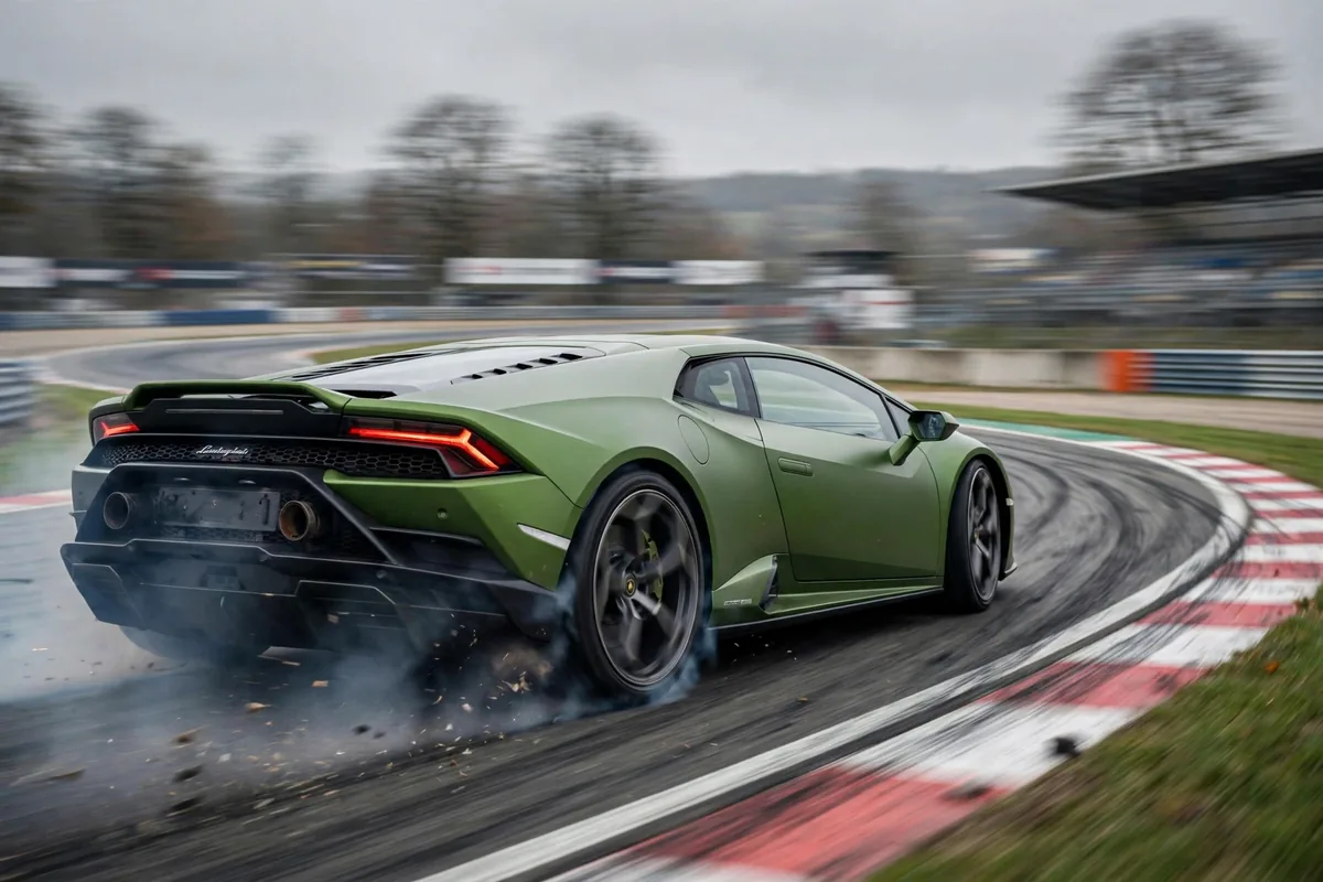 Lamborghini Huracán EVO RWD azul en carretera secundaria
