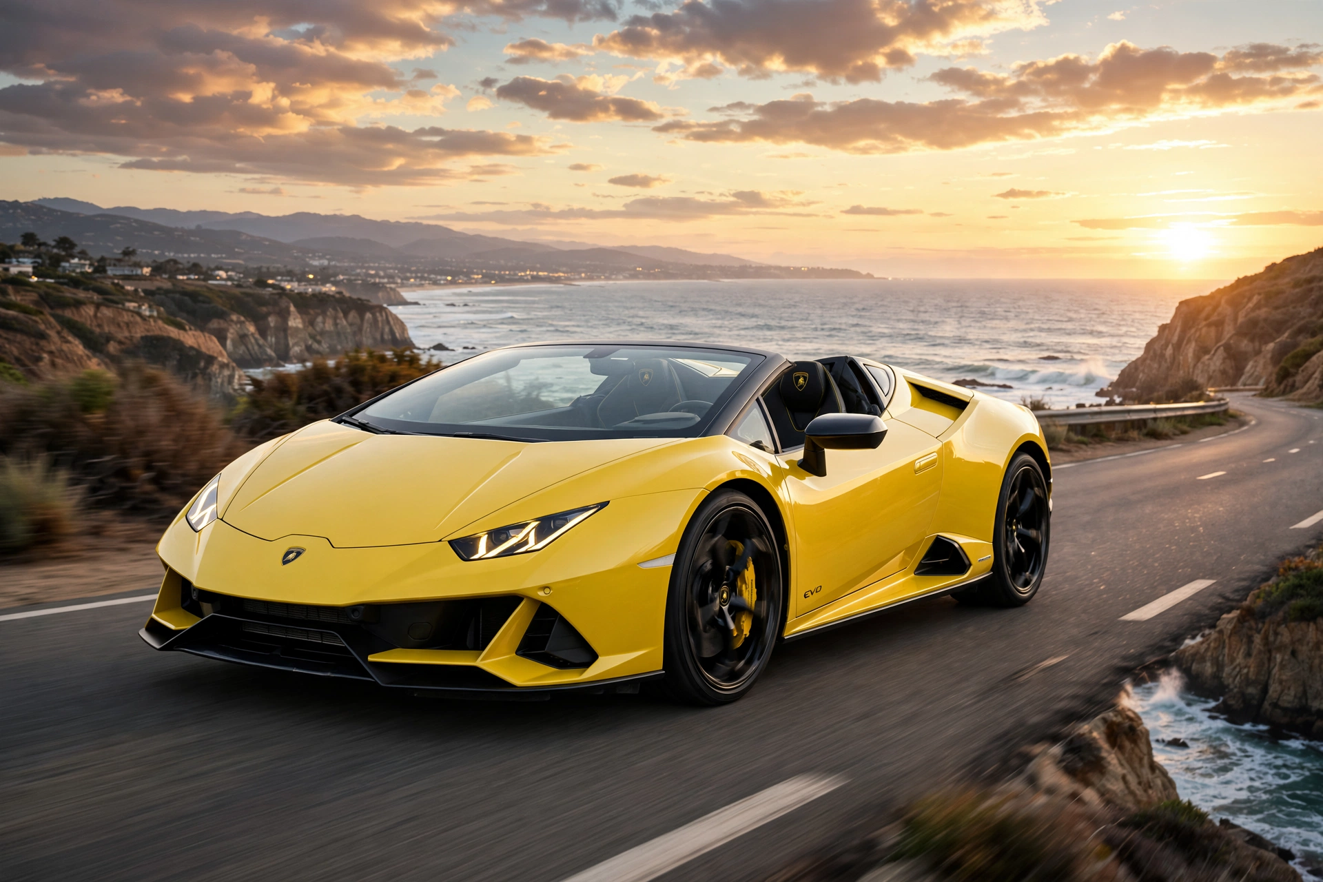 Lamborghini Huracán EVO Spyder amarillo en carretera de costa al atardecer