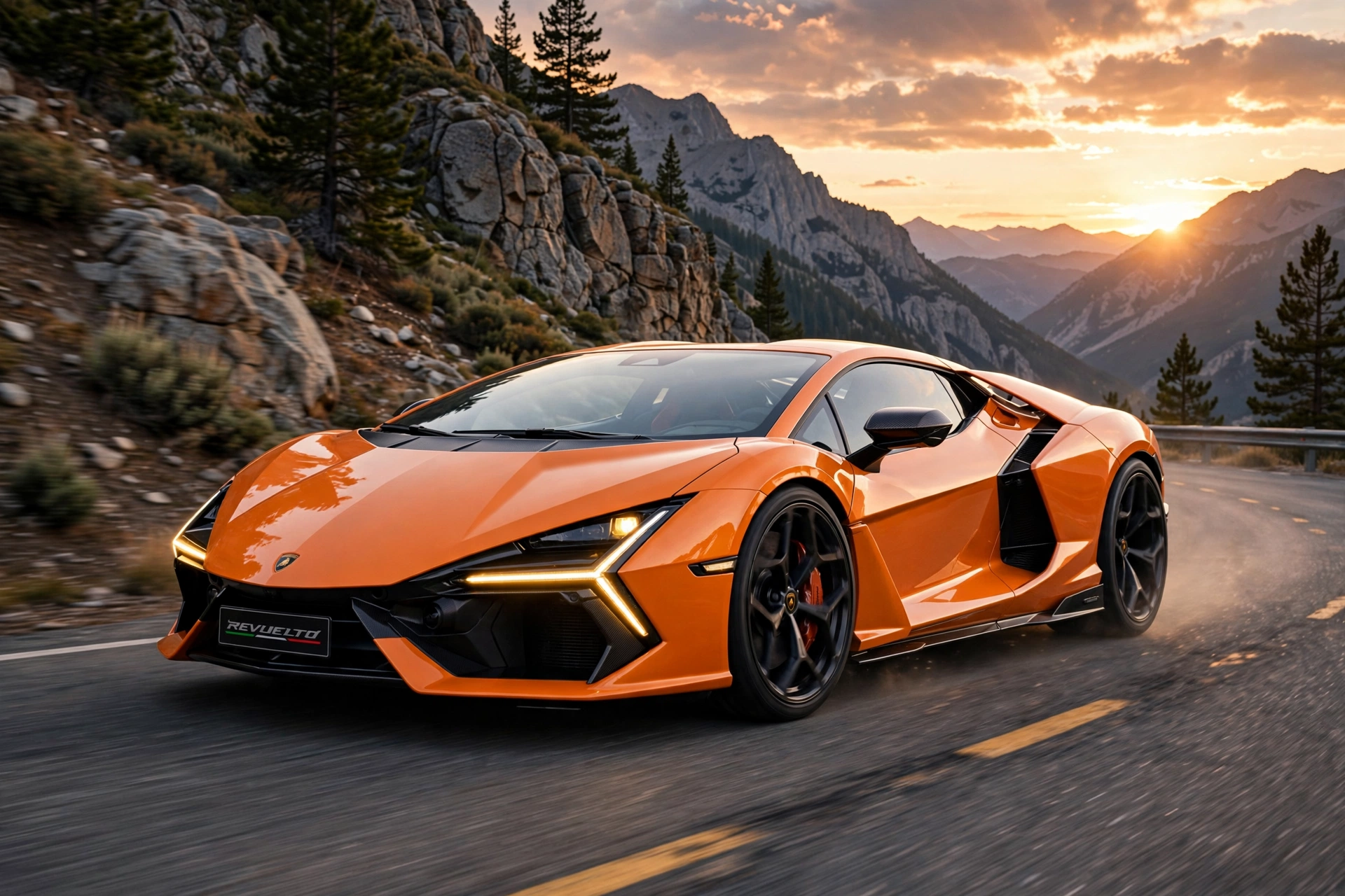 Lamborghini Revuelto naranja en carretera de montaña al atardecer