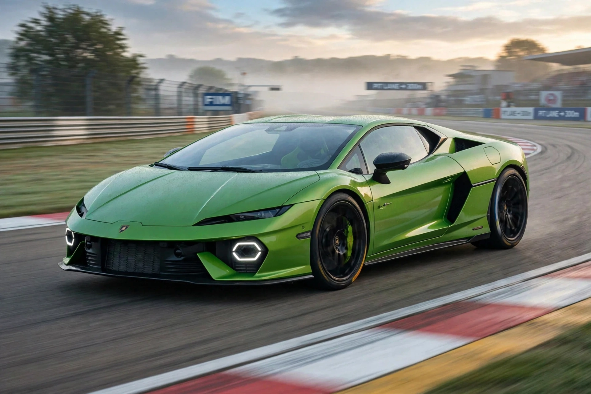Lamborghini Temerario verde Mantis en circuito al amanecer