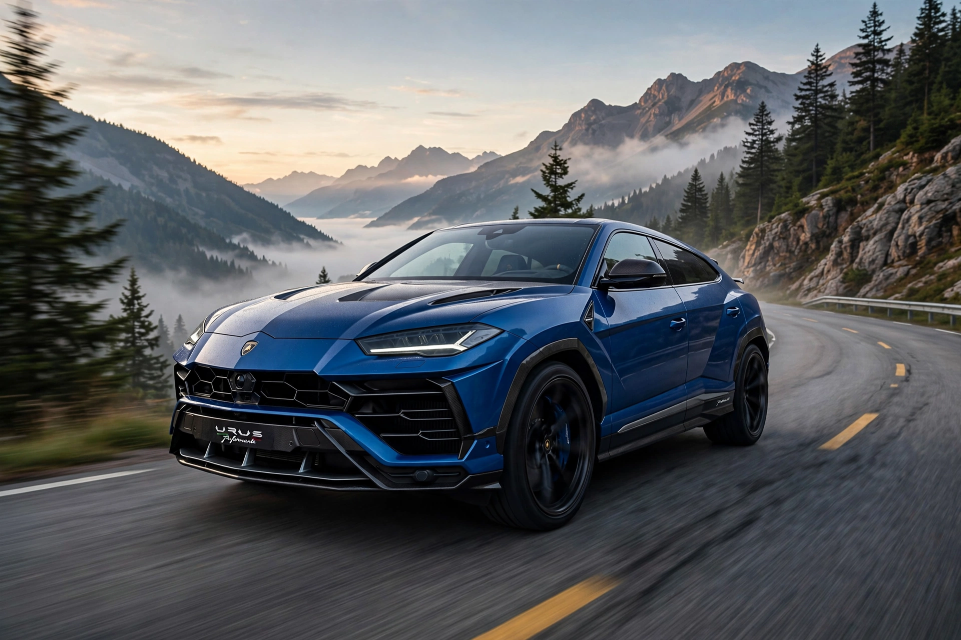 Lamborghini Urus Performante azul en carretera de montaña al amanecer
