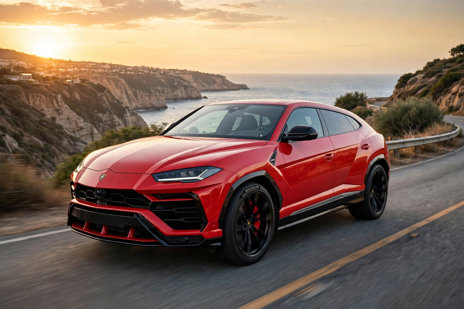 Lamborghini Urus S rojo en carretera de costa