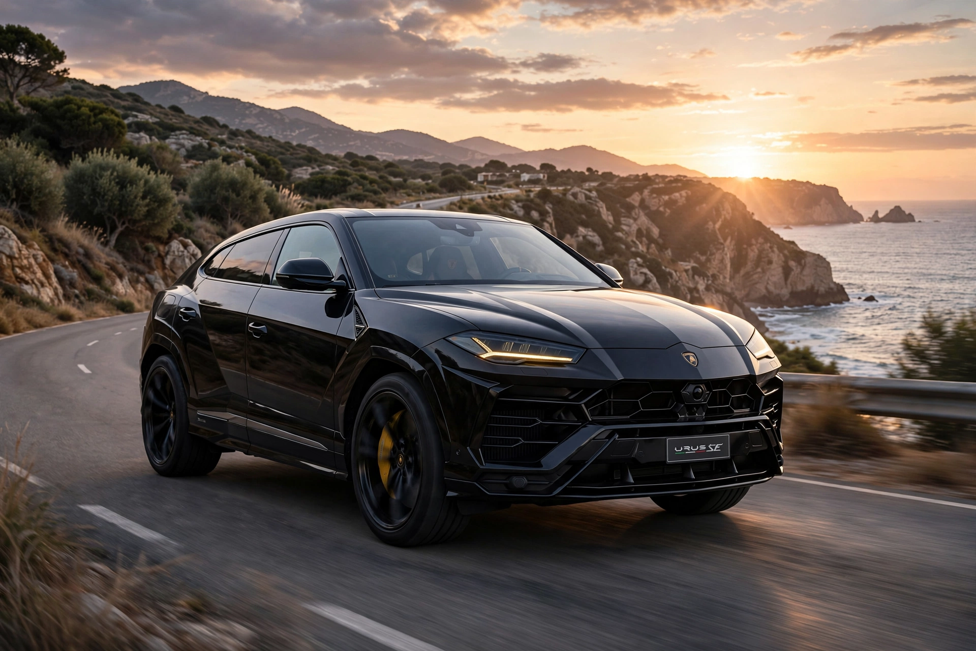 Lamborghini Urus SE negro en carretera de costa al atardecer