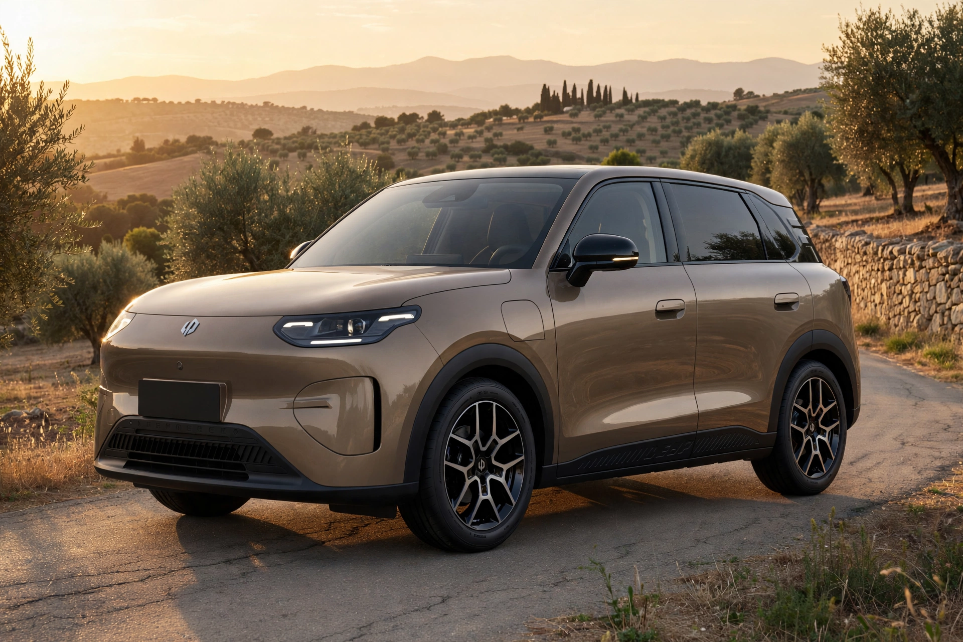 Leapmotor B03X en tres cuartos delantero al atardecer, imagen editorial