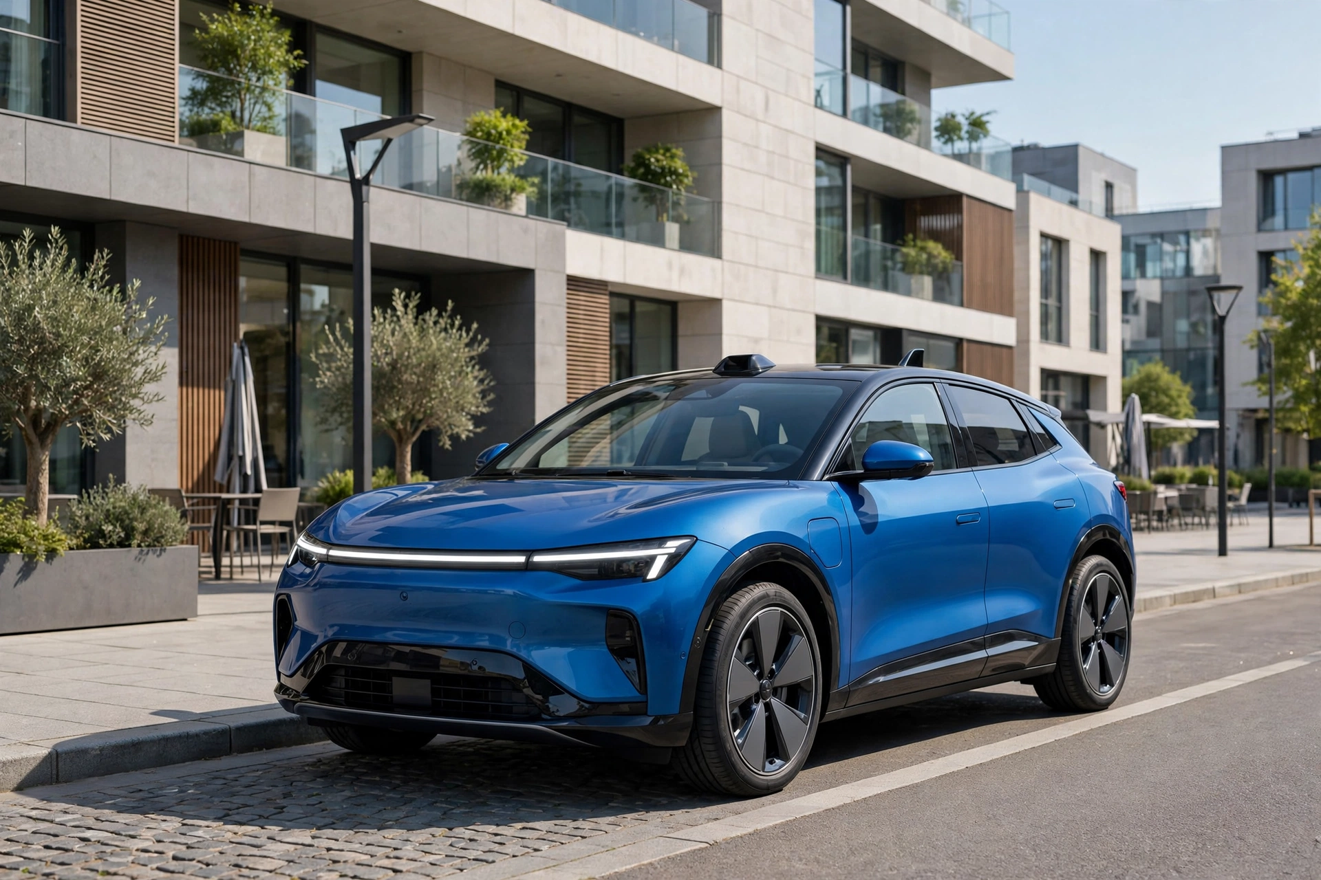 SUV eléctrico compacto azul de diseño moderno aparcado en una calle europea con arquitectura contemporánea