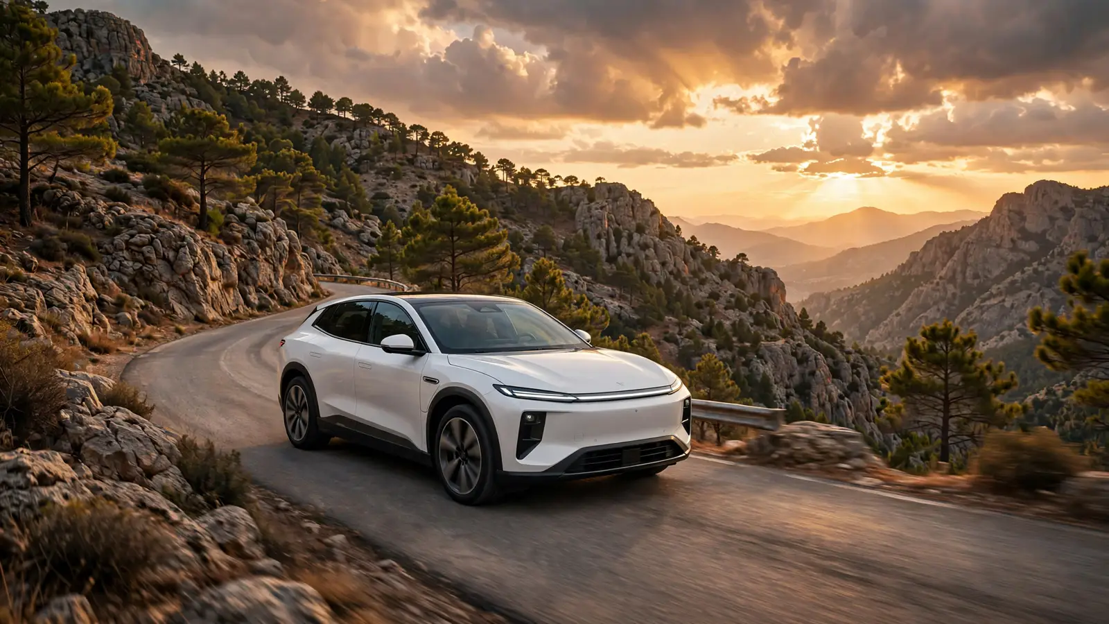 SUV eléctrico blanco de gran tamaño circulando por una carretera de montaña española al atardecer