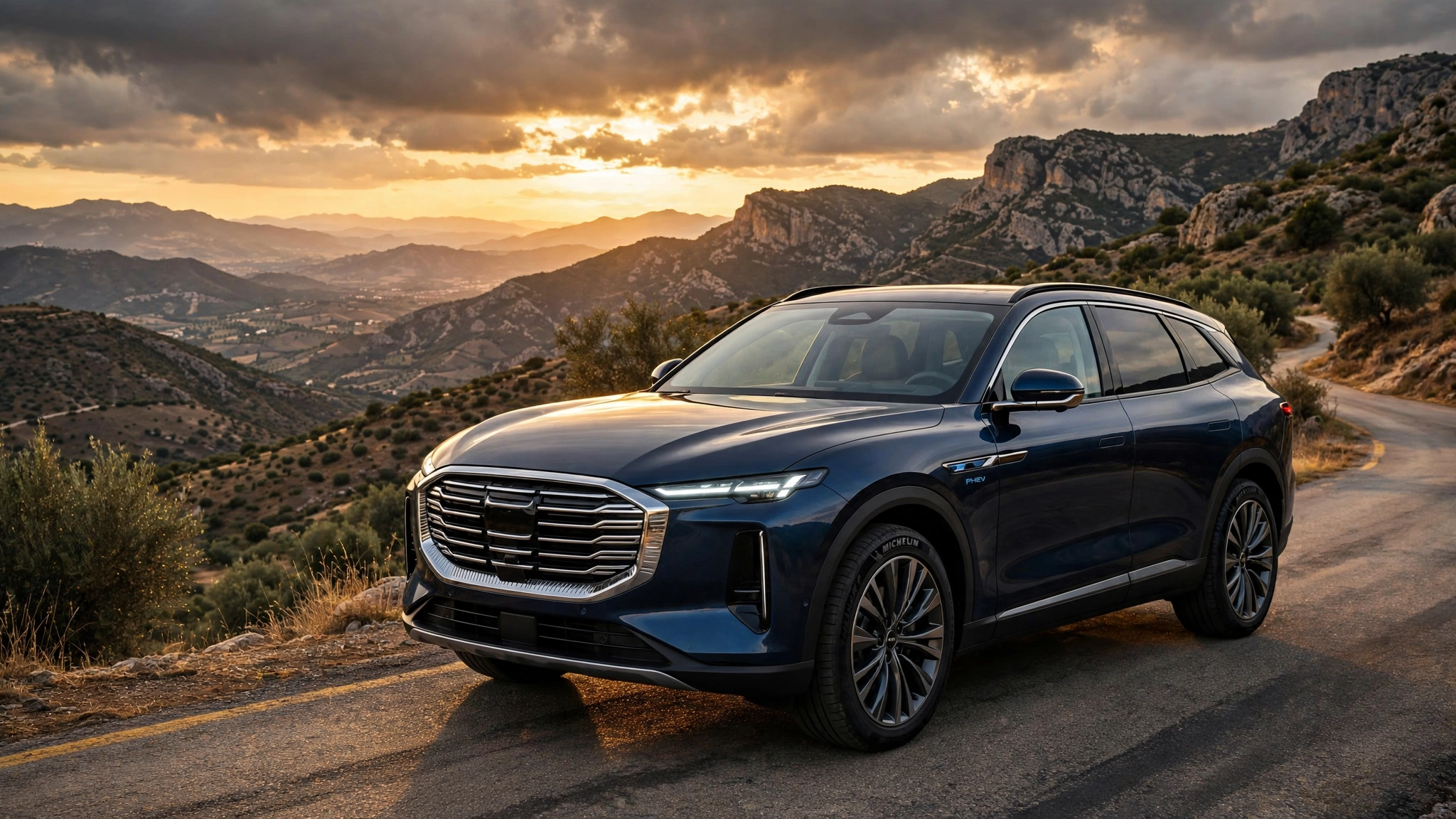 SUV híbrido enchufable azul oscuro de diseño elegante circulando por una carretera de montaña española al atardecer