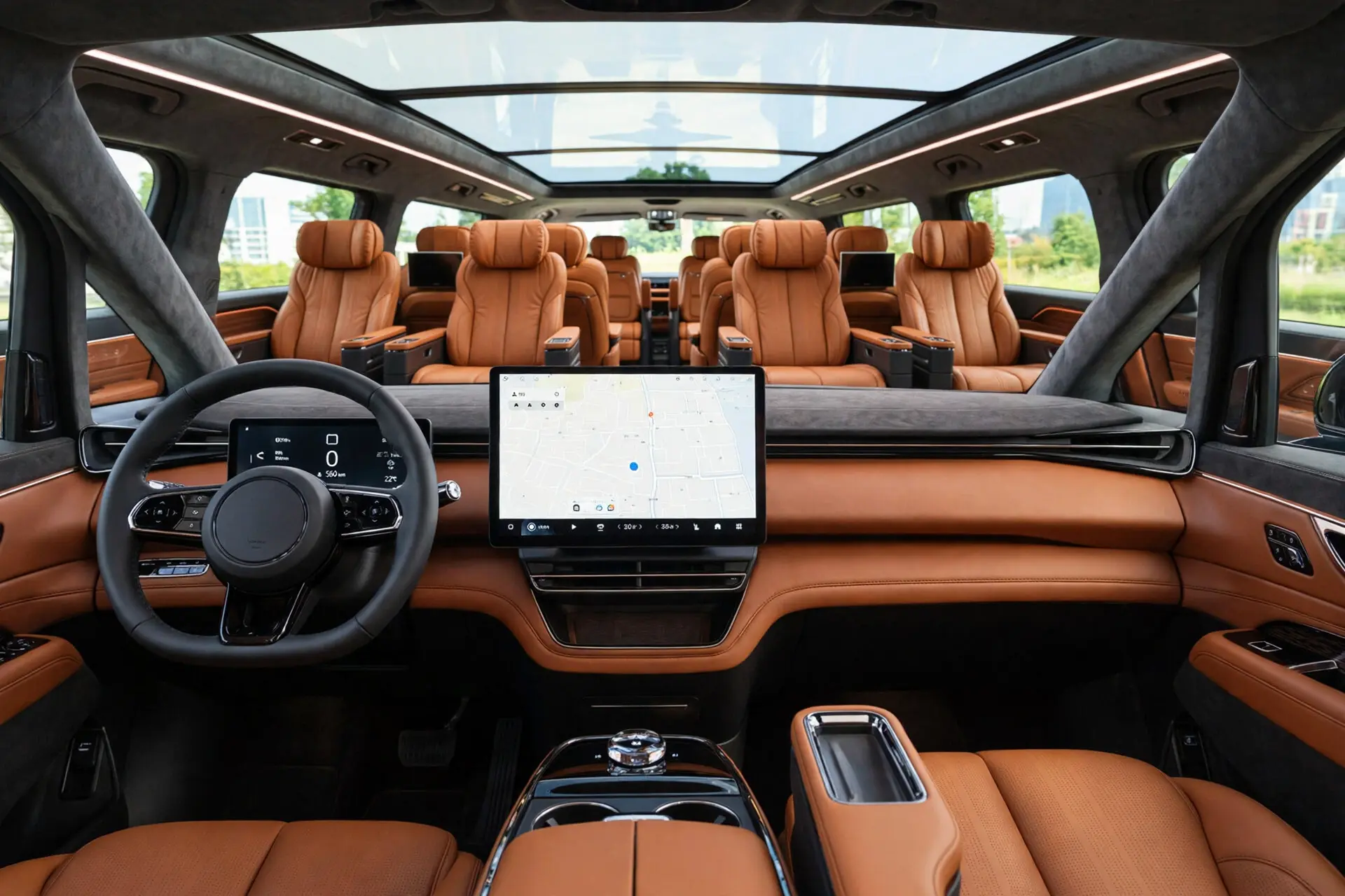 Interior de lujo del LEVC L380 con ocho butacas de capitán