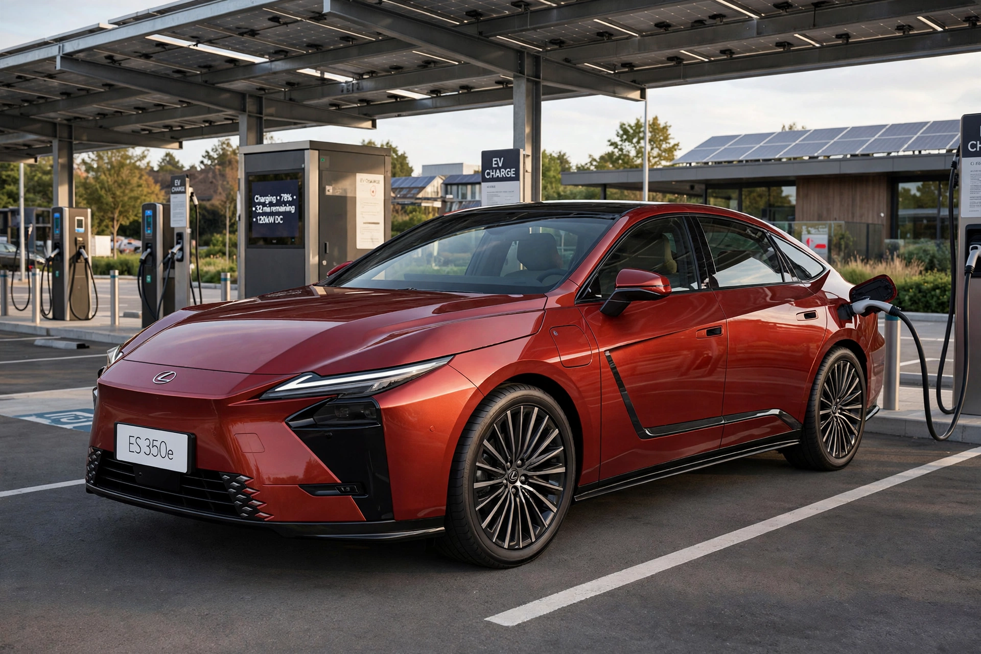 Lexus ES 350e 2026 rojo en un punto de recarga