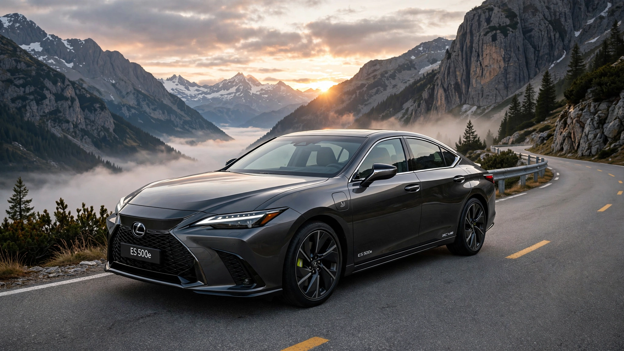 Lexus ES 500e 2026 negro en un puerto de montaña