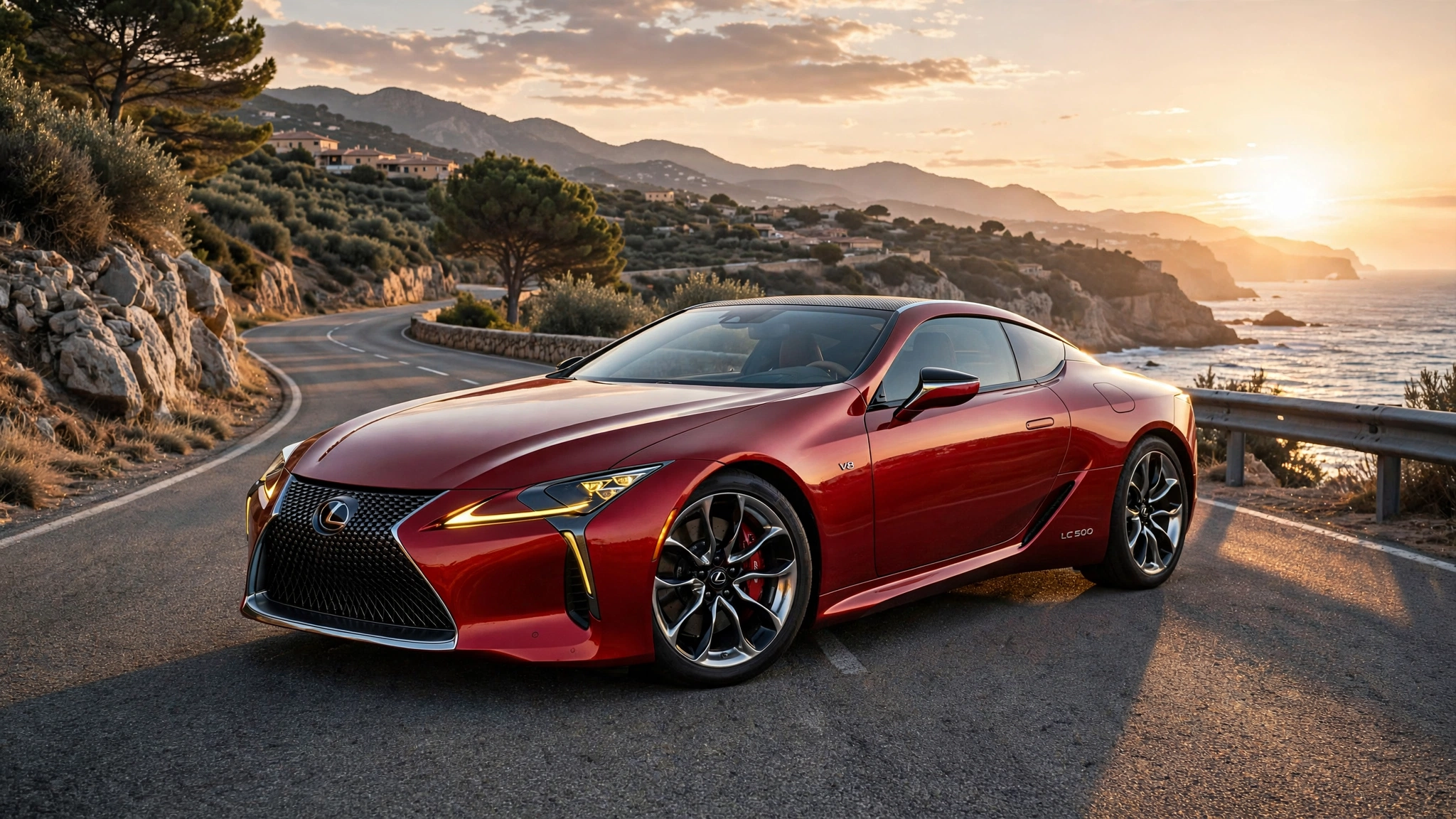 Lexus LC 500 rojo en una carretera de costa