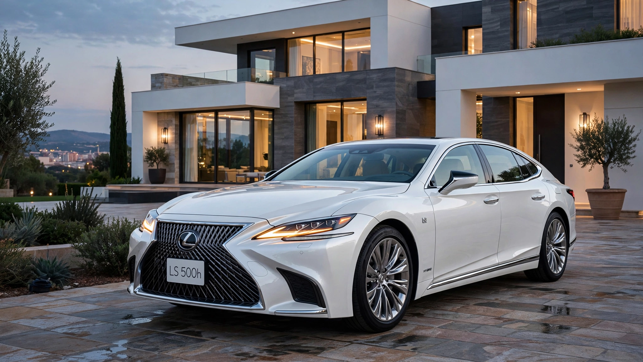 Lexus LS 500h blanco frente a una mansión