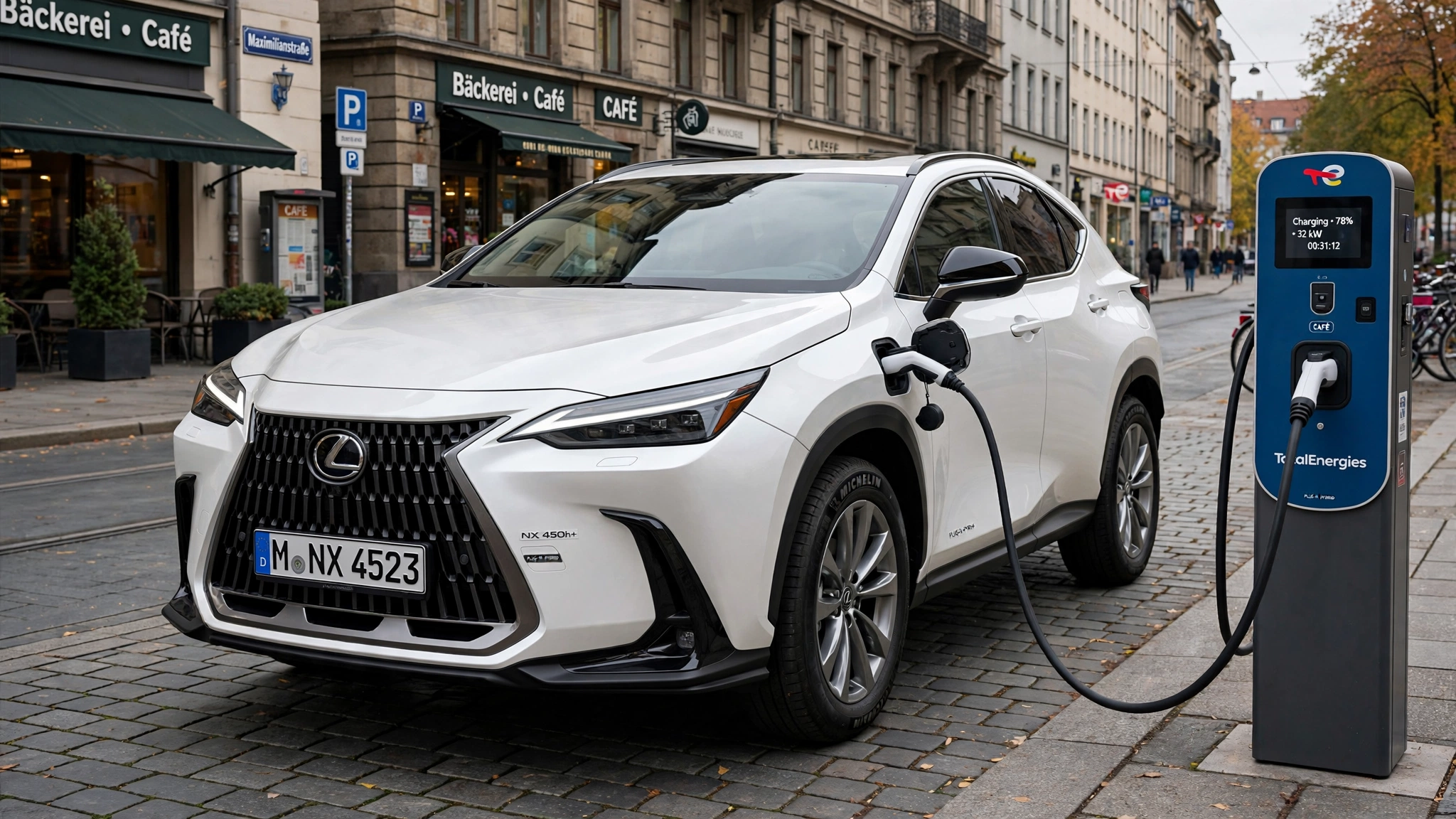 Lexus NX 450h+ blanco cargando en un punto de recarga