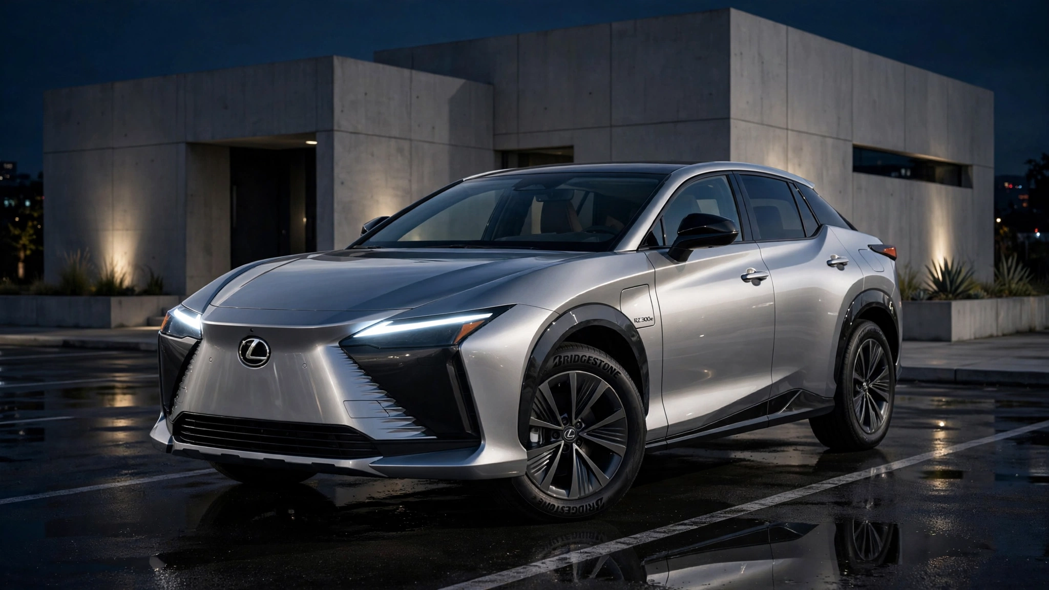 Lexus RZ 300e plateado de noche