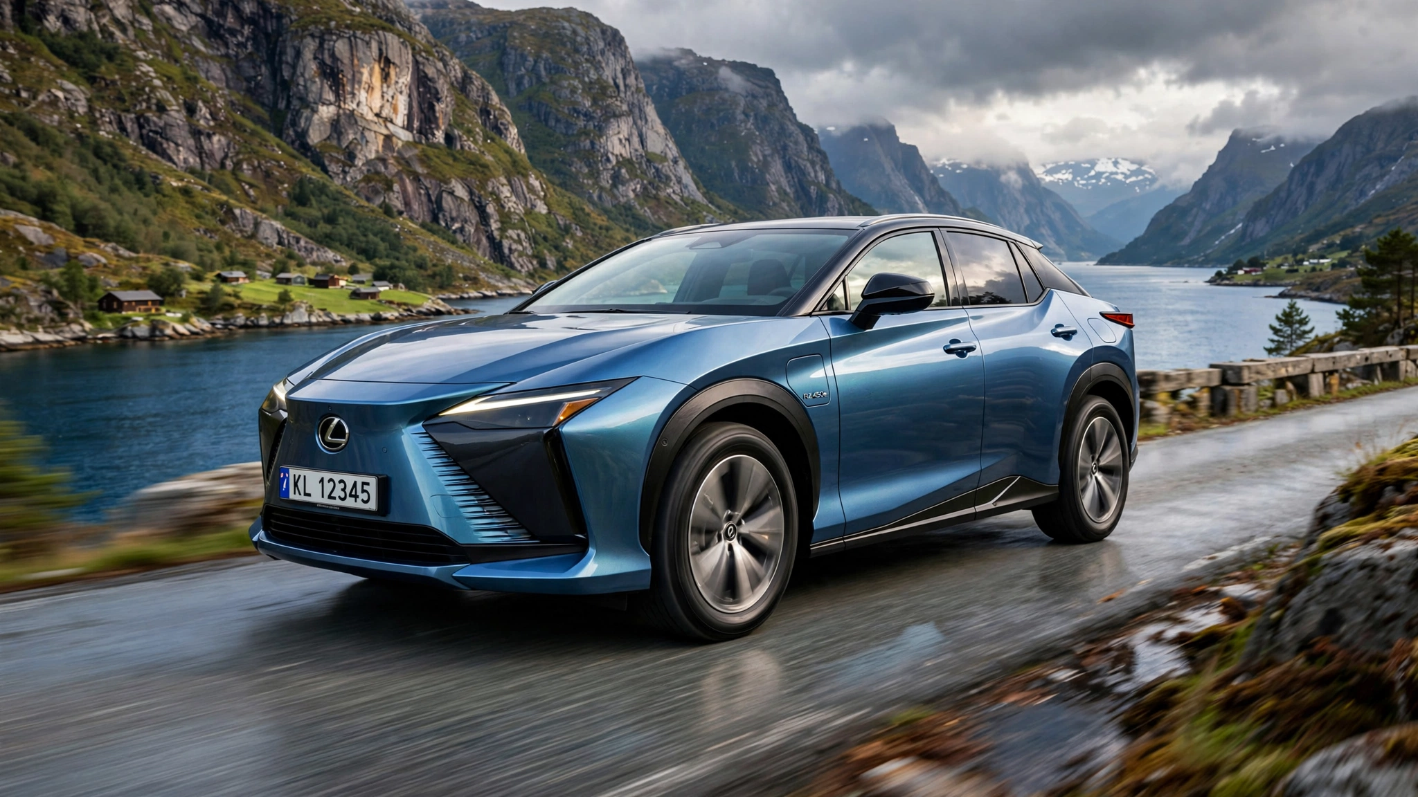 Lexus RZ 450e azul en un fiordo