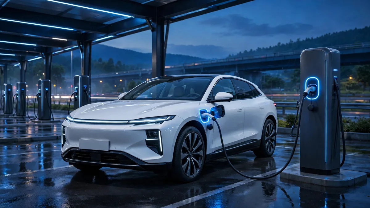 Li Auto i8 cargando en un cargador ultrarrápido de noche